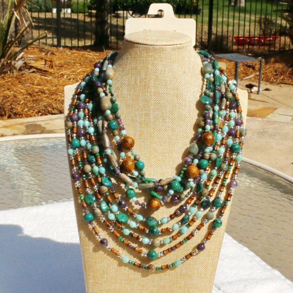 2 Necklace Set Boho Multi Strand Stone Bead Gemstone Silver Handmade NWT - Picture 8 of 9